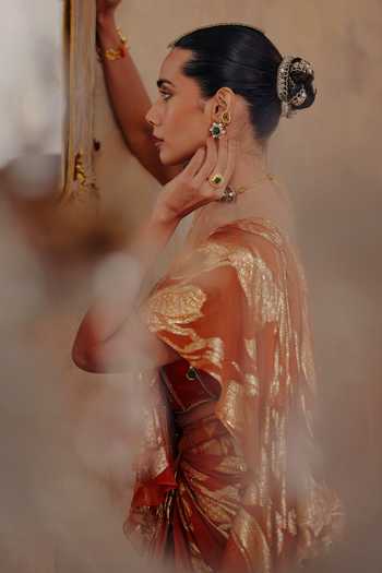 Ajiesh Oberoi_Gold Georgette, Jacquard, Lurex Mehru Pre-draped Ruffle Saree And Blouse Set _Online_at_Aza_Fashions