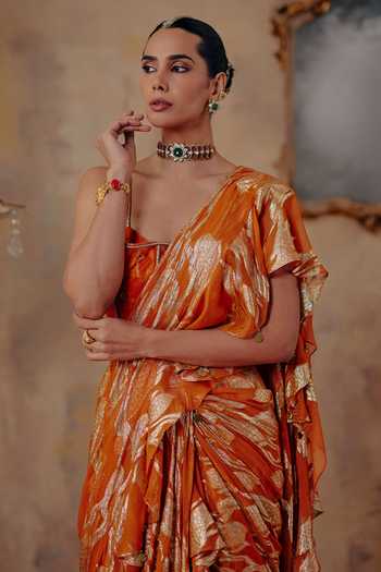 Buy_Ajiesh Oberoi_Gold Georgette, Jacquard, Lurex Mehru Pre-draped Ruffle Saree And Blouse Set _Online_at_Aza_Fashions