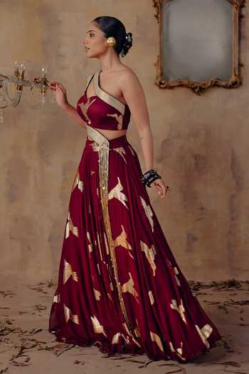 Ajiesh Oberoi_Maroon Georgette, Lurex, Noor-e-gulab Metallic Pattern Lehenga And Blouse Set _Online_at_Aza_Fashions