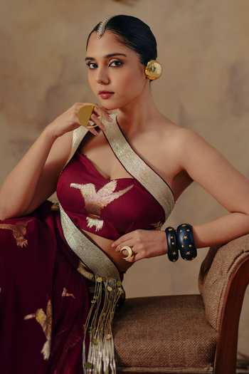 Buy_Ajiesh Oberoi_Maroon Georgette, Lurex, Noor-e-gulab Metallic Pattern Lehenga And Blouse Set _Online_at_Aza_Fashions