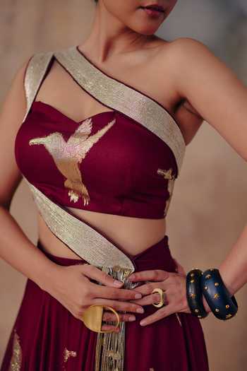 Buy_Ajiesh Oberoi_Maroon Georgette, Lurex, Noor-e-gulab Metallic Pattern Lehenga And Blouse Set 