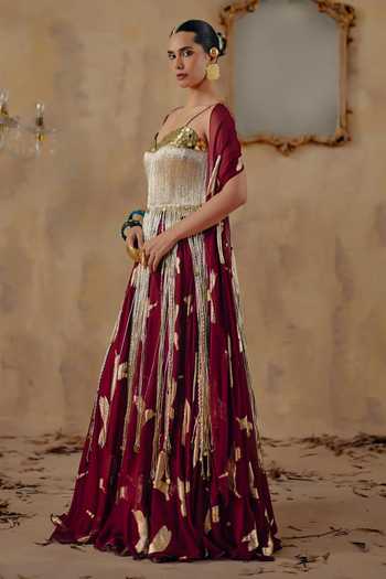 Ajiesh Oberoi_Maroon Georgette, Jacquard, Lurex Sunehri Lau Metallic Pattern Lehenga Set _Online_at_Aza_Fashions