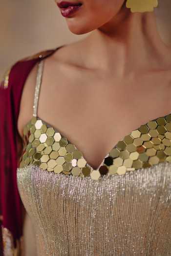 Buy_Ajiesh Oberoi_Maroon Georgette, Jacquard, Lurex Sunehri Lau Metallic Pattern Lehenga Set _Online_at_Aza_Fashions