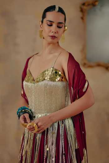 Shop_Ajiesh Oberoi_Maroon Georgette, Jacquard, Lurex Sunehri Lau Metallic Pattern Lehenga Set _Online_at_Aza_Fashions
