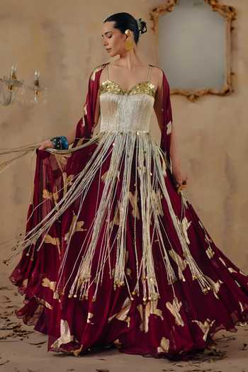 Ajiesh Oberoi_Maroon Georgette, Jacquard, Lurex Sunehri Lau Metallic Pattern Lehenga Set _at_Aza_Fashions