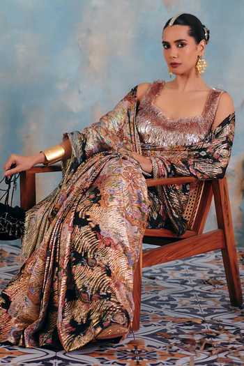 Shop_Ajiesh Oberoi_Pink Georgette, Lurex Scoop Neck Zehn Printed Pre-draped Saree And Blouse Set 