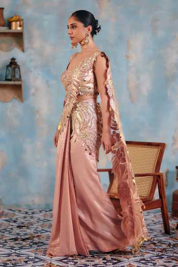 Ajiesh Oberoi_Gold Georgette, Lurex V-neck Chandni Pre-draped Saree And Blouse Set _Online_at_Aza_Fashions