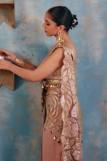 Buy_Ajiesh Oberoi_Gold Georgette, Lurex V-neck Chandni Pre-draped Saree And Blouse Set _Online_at_Aza_Fashions