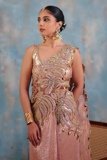 Ajiesh Oberoi_Gold Georgette, Lurex V-neck Chandni Pre-draped Saree And Blouse Set _at_Aza_Fashions