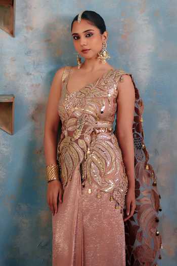 Buy_Ajiesh Oberoi_Gold Georgette, Lurex V-neck Chandni Pre-draped Saree And Blouse Set 