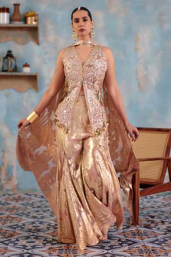 Buy_Ajiesh Oberoi_Rose Gold Georgette, Jacquard, Lurex Riyana Embellished Jacket Flared Pant Set _Online_at_Aza_Fashions