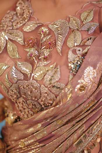 Buy_Ajiesh Oberoi_Rose Gold Georgette, Haya Metallic Pattern Pre-draped Saree And Blouse Set _Online_at_Aza_Fashions
