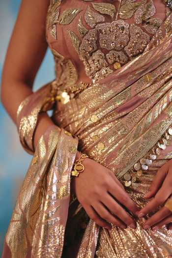 Shop_Ajiesh Oberoi_Rose Gold Georgette, Haya Metallic Pattern Pre-draped Saree And Blouse Set _Online_at_Aza_Fashions