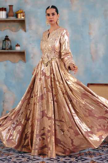 Ajiesh Oberoi_Rose Gold Georgette, Jacquard, Mahnoor Metallic Pattern Anarkali And Dupatta Set _Online_at_Aza_Fashions