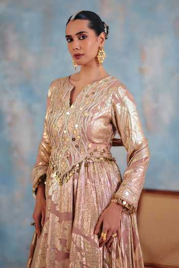Shop_Ajiesh Oberoi_Rose Gold Georgette, Jacquard, Mahnoor Metallic Pattern Anarkali And Dupatta Set _Online_at_Aza_Fashions