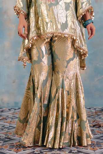 Ajiesh Oberoi_Pink Georgette, Jacquard, Lurex Husna Metallic Floral Pattern Top And Pant Set _Online_at_Aza_Fashions