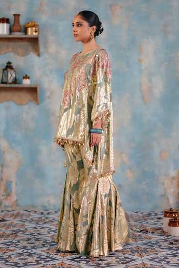 Buy_Ajiesh Oberoi_Pink Georgette, Jacquard, Lurex Husna Metallic Floral Pattern Top And Pant Set _Online_at_Aza_Fashions