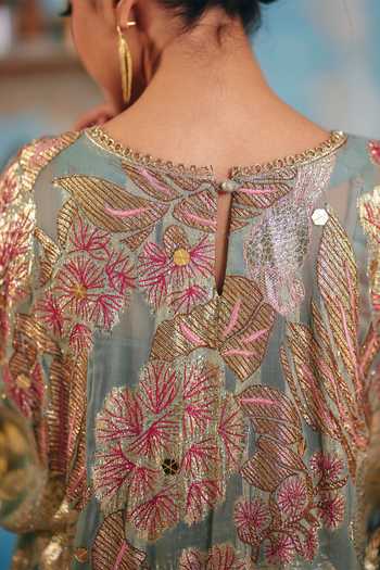 Shop_Ajiesh Oberoi_Pink Georgette, Jacquard, Lurex Husna Metallic Floral Pattern Top And Pant Set _Online_at_Aza_Fashions