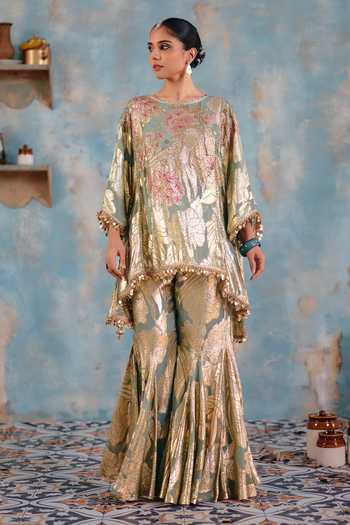 Ajiesh Oberoi_Pink Georgette, Jacquard, Lurex Husna Metallic Floral Pattern Top And Pant Set _at_Aza_Fashions