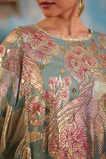 Buy_Ajiesh Oberoi_Pink Georgette, Jacquard, Lurex Husna Metallic Floral Pattern Top And Pant Set 