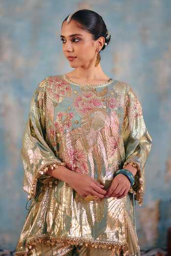 Shop_Ajiesh Oberoi_Pink Georgette, Jacquard, Lurex Husna Metallic Floral Pattern Top And Pant Set 
