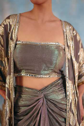 Buy_Ajiesh Oberoi_Gold Georgette, Jacquard, Lurex Bandeau Neck Mehtaab-e-raat Draped Skirt Set _Online_at_Aza_Fashions