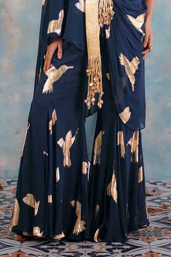 Ajiesh Oberoi_Blue Georgette, Jacquard, Lurex Shaam Metallic Bird Pattern Shirt And Pant Set _Online_at_Aza_Fashions