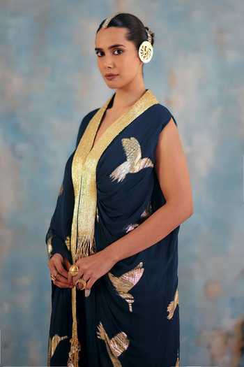 Buy_Ajiesh Oberoi_Blue Georgette, Jacquard, Lurex Shaam Metallic Bird Pattern Shirt And Pant Set _Online_at_Aza_Fashions
