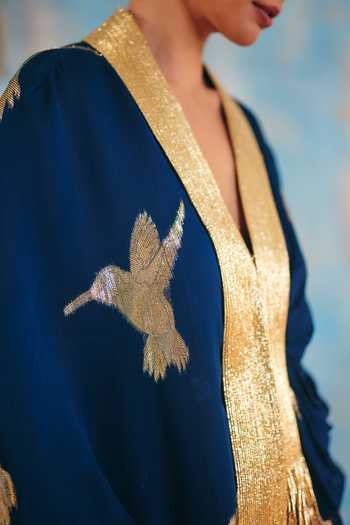 Ajiesh Oberoi_Blue Georgette, Jacquard, Lurex Shaam Metallic Bird Pattern Shirt And Pant Set _at_Aza_Fashions