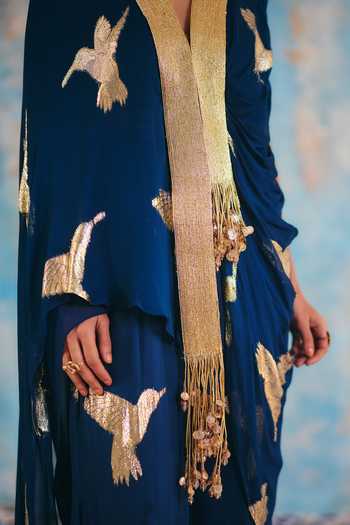 Buy_Ajiesh Oberoi_Blue Georgette, Jacquard, Lurex Shaam Metallic Bird Pattern Shirt And Pant Set 