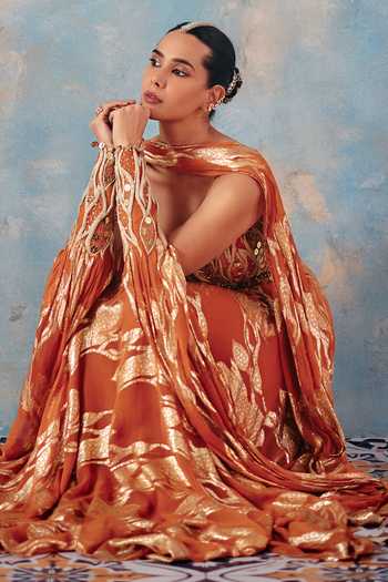 Shop_Ajiesh Oberoi_Gold Georgette, Surkh Sitara Metallic Leaf Pattern Anarkali And Dupatta Set _Online_at_Aza_Fashions