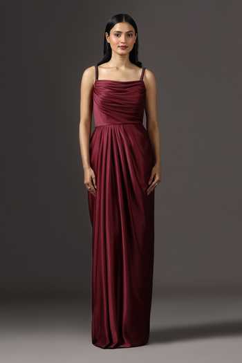 Pooja Peshoria_Burgundy Crepe, Polyester Beads, Crystals Square Embroidered Strap Draped Gown _Online_at_Aza_Fashions