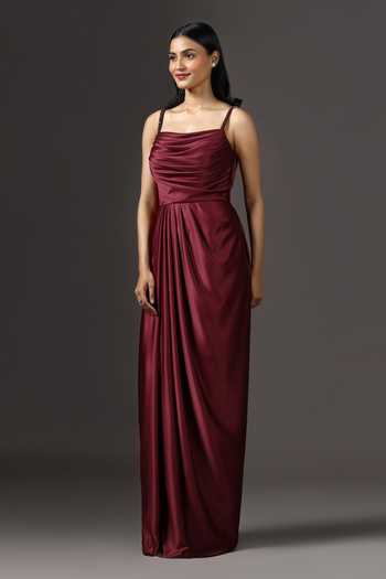 Buy_Pooja Peshoria_Burgundy Crepe, Polyester Beads, Crystals Square Embroidered Strap Draped Gown _Online_at_Aza_Fashions