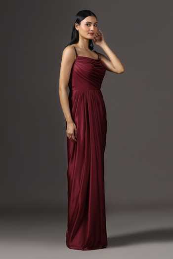Shop_Pooja Peshoria_Burgundy Crepe, Polyester Beads, Crystals Square Embroidered Strap Draped Gown _Online_at_Aza_Fashions