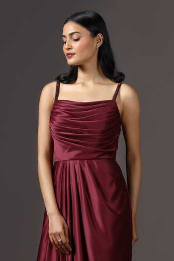 Pooja Peshoria_Burgundy Crepe, Polyester Beads, Crystals Square Embroidered Strap Draped Gown _at_Aza_Fashions