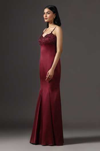 Pooja Peshoria_Burgundy Crepe, Polyester Embroidery, Beads, Stones Floral Yoke Mermaid Gown _Online_at_Aza_Fashions