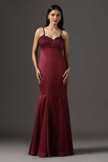 Buy_Pooja Peshoria_Burgundy Crepe, Polyester Embroidery, Beads, Stones Floral Yoke Mermaid Gown _Online_at_Aza_Fashions