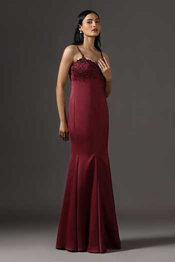 Shop_Pooja Peshoria_Burgundy Crepe, Polyester Embroidery, Beads, Stones Floral Yoke Mermaid Gown _Online_at_Aza_Fashions