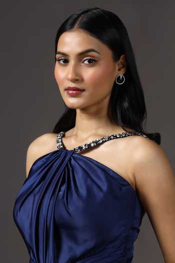 Pooja Peshoria_Blue Satin Crystals Halter Neck Hand Embroidered Straps Draped Gown _at_Aza_Fashions