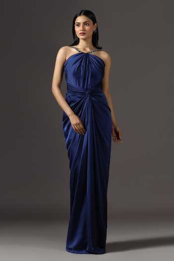 Buy_Pooja Peshoria_Blue Satin Crystals Halter Neck Hand Embroidered Straps Draped Gown 