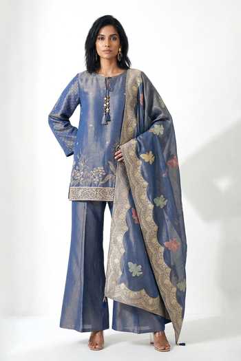 Basanti Kapde aur Koffee Zari Work Banarsi Tissue Kurta & Palazzo Set 