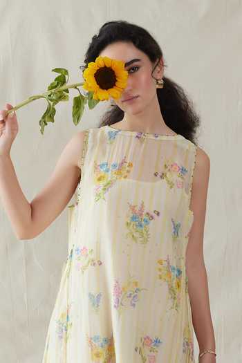 Dhaari_Off White Silk, Cotton Round Neck Handwoven Dress And Slip Set _Online_at_Aza_Fashions