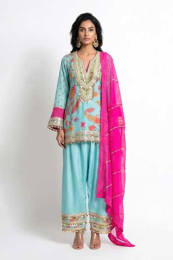 Basanti Kapde aur Koffee Embroidered Floral Kurta Sharara Set 