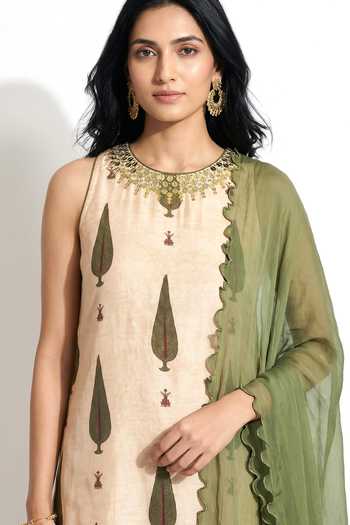 Buy_Basanti Kapde aur Koffee_Beige Muslin, Organza Mirrors Round Neck Motif Pattern Kurta And Palazzo Set _Online_at_Aza_Fashions