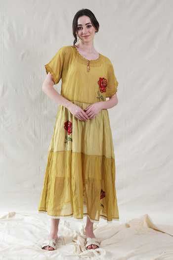 Buy_Dhaari_Yellow Silk, Cotton Round , Keyhole Handwoven Dress And Slip Set _Online_at_Aza_Fashions