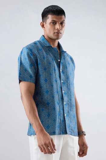 Raw & Rustic By Niti Bothra_Blue Silk, Tencel Bandhani Cuban Collar Shirt _Online_at_Aza_Fashions