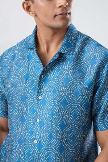 Buy_Raw & Rustic By Niti Bothra_Blue Silk, Tencel Bandhani Cuban Collar Shirt _Online_at_Aza_Fashions