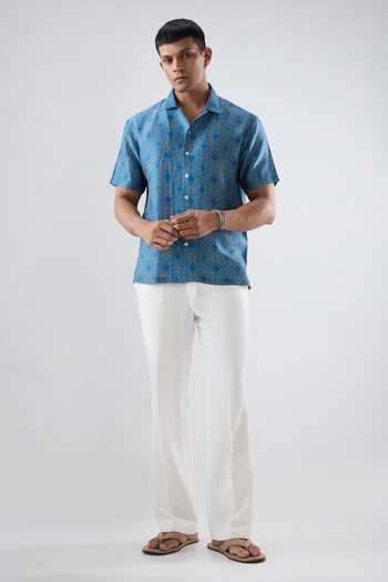 Shop_Raw & Rustic By Niti Bothra_Blue Silk, Tencel Bandhani Cuban Collar Shirt _Online_at_Aza_Fashions