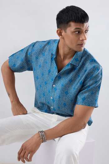 Raw & Rustic By Niti Bothra_Blue Silk, Tencel Bandhani Cuban Collar Shirt _at_Aza_Fashions