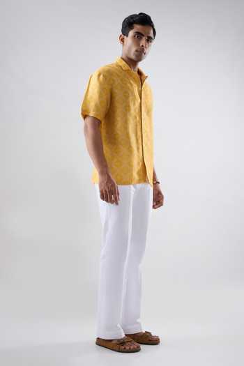 Raw & Rustic By Niti Bothra_Yellow Silk, Tencel Cuban Collar Bandhani Shirt _Online_at_Aza_Fashions